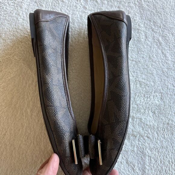Michael Kors Kiera Leather Signature Bow MK Logo Brown / GOLD Ballet Flats 7.5 - Picture 6 of 11
